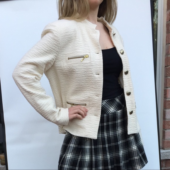 Zara Creamy Beige Cotton Tweed Blazer Metal Zippers Buttons Long Sleeve US M-L - Picture 5 of 13